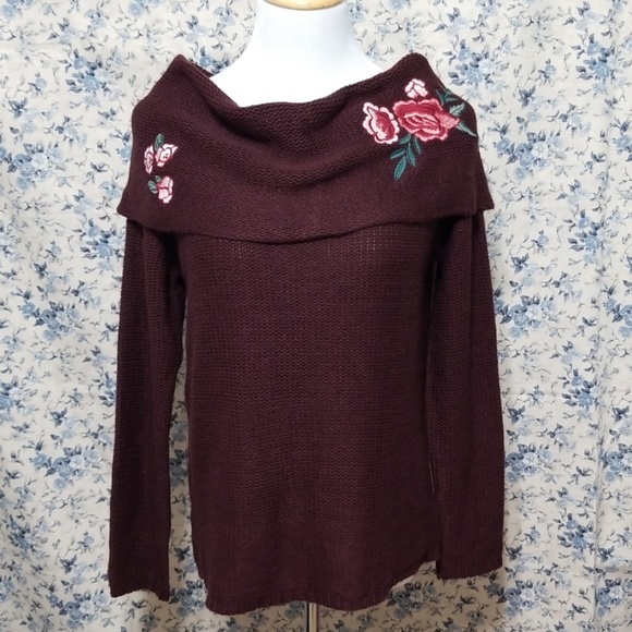 Cloud Chaser Sweaters - Floral embroidered cowl neck sweater off shoulder